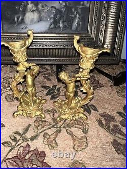 Antique French Ornate Gilt Bronze Putti Figural Candlesticks 7 Pair Cherub