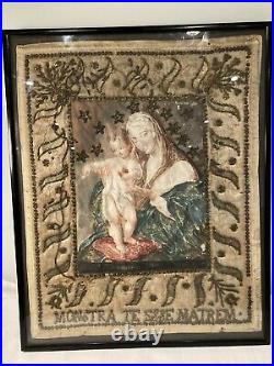 Antique French Painted Silk Stump Work, embroidered Religious Silk Panel