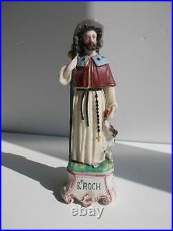 Antique French Porcelain Bisque Saint Roch Patron Dogs Statue Figurine Religious