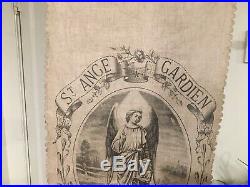 Antique French Religious Banner With Angel 1800s 19th C Linen LAST SALE