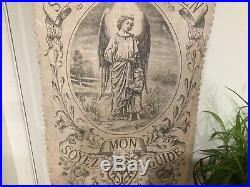 Antique French Religious Banner With Angel 1800s 19th C Linen LAST SALE