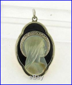 Antique French Religious Carved Mother Of Pearl Onyx Diamond 18K Gold Pendant