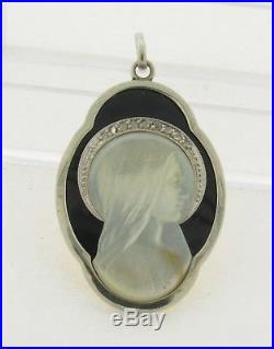 Antique French Religious Carved Mother Of Pearl Onyx Diamond 18K Gold Pendant