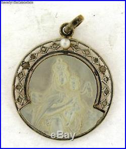 Antique French Religious Carved Mother of Pearl Diamond Pearl 18k Gold Pendant