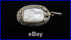 Antique French Religious Carved Mother of Pearl+ Rose Diamonds 18k Gold Pendant