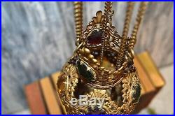 Antique French Religious Church Thurible Censer Jewels Stones Triple Chain Light