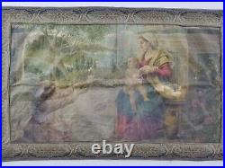 Antique French Religious Hand Painted Wall Hanging Tapestry 108x68cm