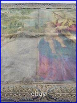 Antique French Religious Hand Painted Wall Hanging Tapestry 108x68cm