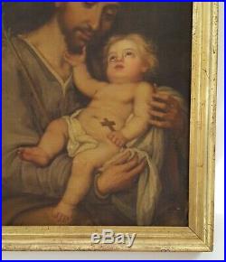 Antique French Religious Oil Painting, 18th Century Saint Joseph and Baby Jesus