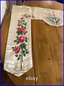 Antique French Religious Silk Altar Antependium Painted Dove Liturgical Fabric