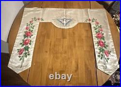 Antique French Religious Silk Altar Antependium Painted Dove Liturgical Fabric