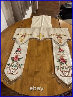 Antique French Religious Silk Altar Antependium Painted Liturgical Fabric Beaded