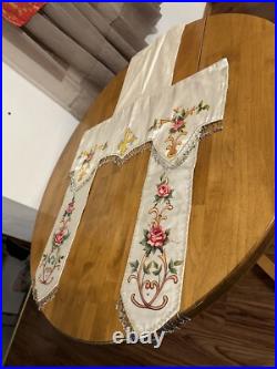 Antique French Religious Silk Altar Antependium Painted Liturgical Fabric Beaded