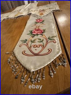 Antique French Religious Silk Altar Antependium Painted Liturgical Fabric Beaded