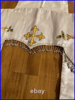 Antique French Religious Silk Altar Antependium Painted Liturgical Fabric Beaded