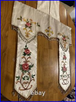 Antique French Religious Silk Altar Antependium Painted Liturgical Fabric Beaded