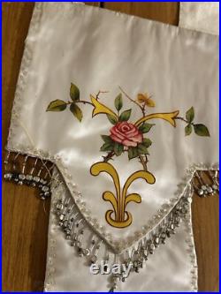 Antique French Religious Silk Altar Antependium Painted Liturgical Fabric Beaded