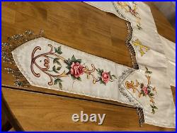 Antique French Religious Silk Altar Antependium Painted Liturgical Fabric Beaded