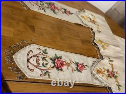Antique French Religious Silk Altar Antependium Painted Liturgical Fabric Beaded