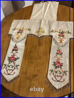 Antique French Religious Silk Altar Antependium Painted Liturgical Fabric Beaded