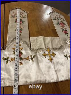 Antique French Religious Silk Altar Antependium Painted Liturgical Fabric Beaded