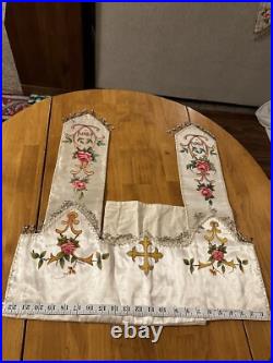 Antique French Religious Silk Altar Antependium Painted Liturgical Fabric Beaded
