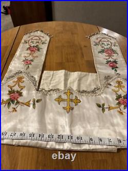 Antique French Religious Silk Altar Antependium Painted Liturgical Fabric Beaded