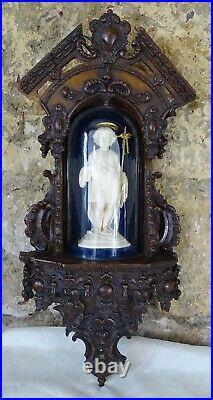 Antique French Religious Wall Chapel Carved Wood Jesus Child Carved Meerschaum