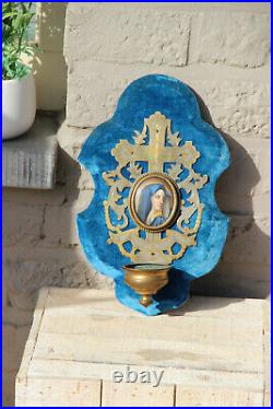 Antique French Religious holy water font porcelain medaillon madonna velvet