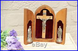 Antique French Religious travel triptych Crucifix Madonna joseph statue velvet