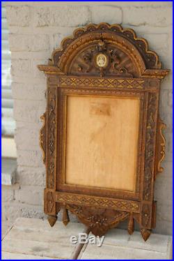 Antique French Religious wood carved painting Frame sacred heart christ rare