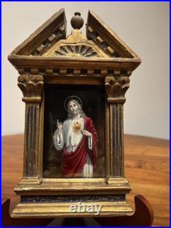 Antique French Sacred Heart of Jesus Religious Shrine Gilt Wood Bouasse Jeune