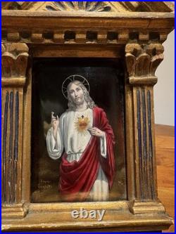 Antique French Sacred Heart of Jesus Religious Shrine Gilt Wood Bouasse Jeune