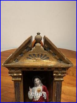 Antique French Sacred Heart of Jesus Religious Shrine Gilt Wood Bouasse Jeune