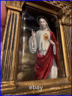 Antique French Sacred Heart of Jesus Religious Shrine Gilt Wood Bouasse Jeune