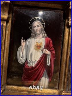 Antique French Sacred Heart of Jesus Religious Shrine Gilt Wood Bouasse Jeune
