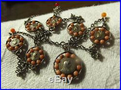 Antique French Silver Red Coral Collar Religious Necklace Medals Christ & Virgin