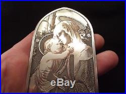 Antique French Silver palted Religious Plaque Virgin & Child Medal signed Wicker