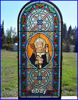 Antique French Stained Glass Panel with Leaded Glass Religious withBishop