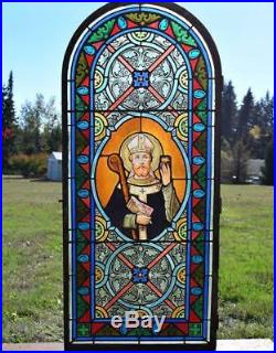 Antique French Stained Glass Panel with Leaded Glass Religious withBishop