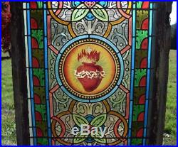 Antique French Stained Glass Panel withLeaded Glass Sacred Heart Religious