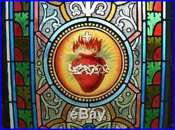 Antique French Stained Glass Panel withLeaded Glass Sacred Heart Religious