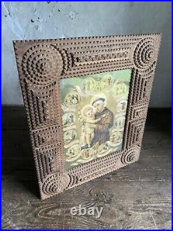 Antique French Tramp Art Picture Frame c1900, With Original Religious Print