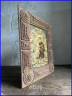 Antique French Tramp Art Picture Frame c1900, With Original Religious Print