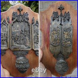 Antique French Triptych Bronze Neo gothic rare holy water font plaque religious