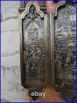 Antique French Triptych Bronze Neo gothic rare holy water font plaque religious