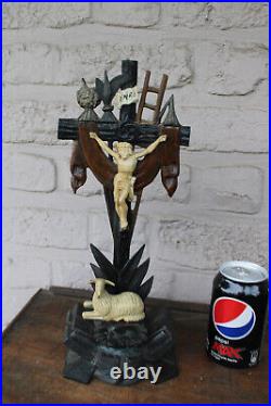 Antique French agnus dei lamp crucifix wood carved cross religious