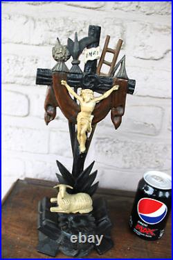 Antique French agnus dei lamp crucifix wood carved cross religious