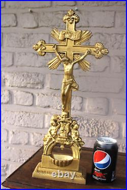 Antique French brass altar crucifix with holy water font rare religious