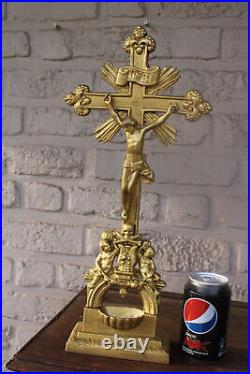 Antique French brass altar crucifix with holy water font rare religious